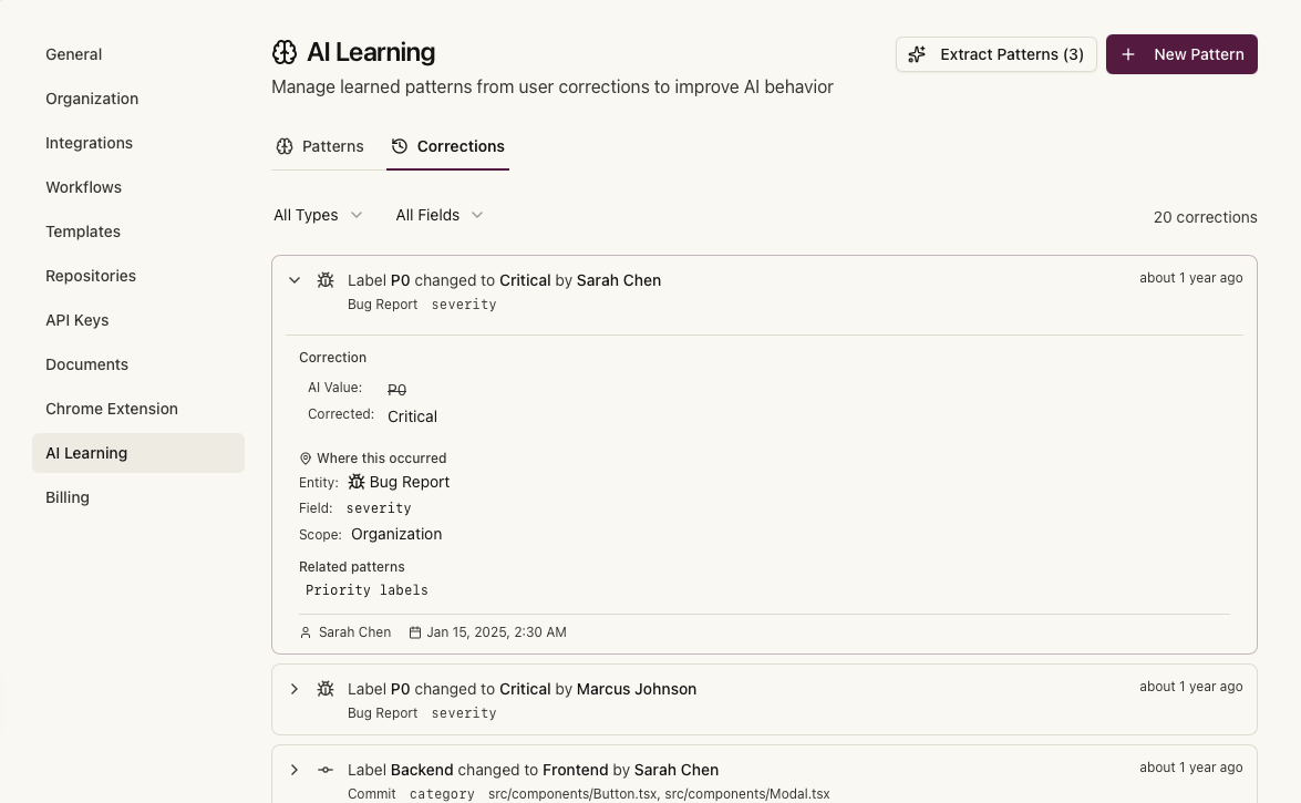 Correction history showing AI value to User value change