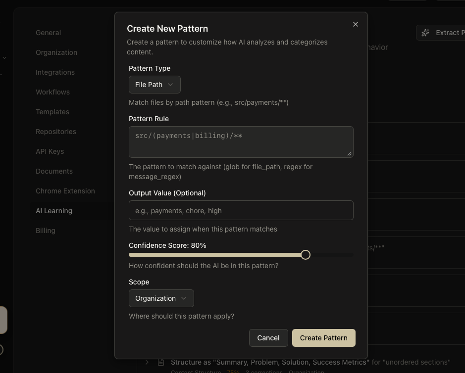 Create Pattern dialog showing form fields