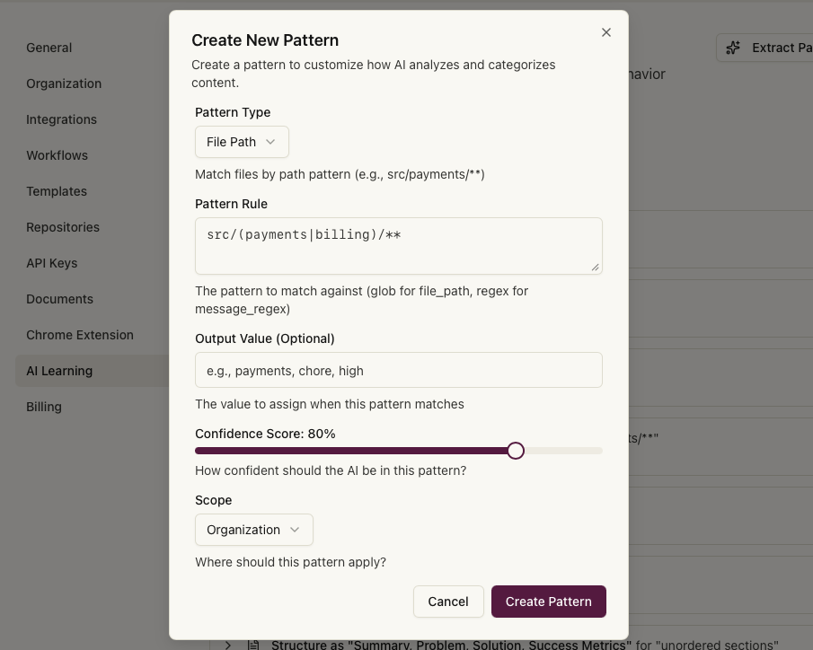 Create Pattern dialog showing form fields