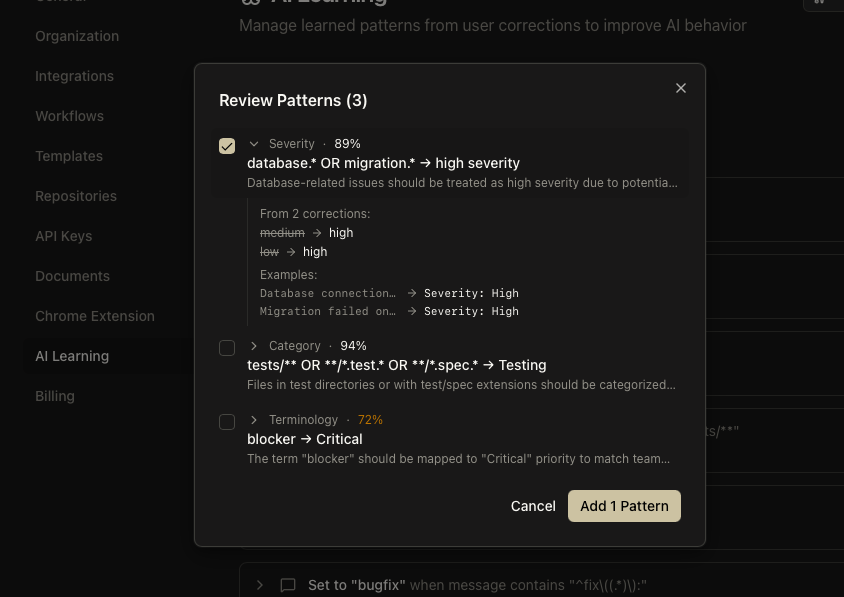 Extract Patterns dialog showing pending corrections analysis and results