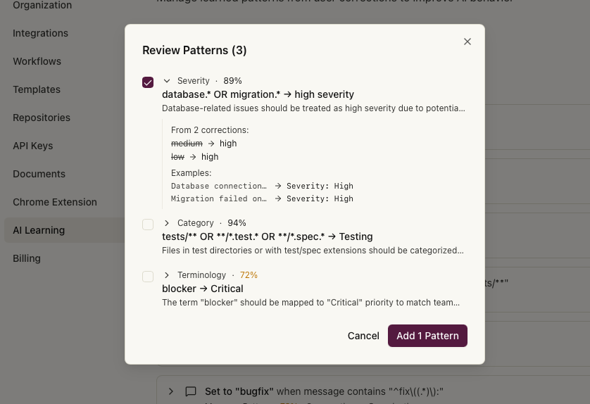 Extract Patterns dialog showing pending corrections analysis and results