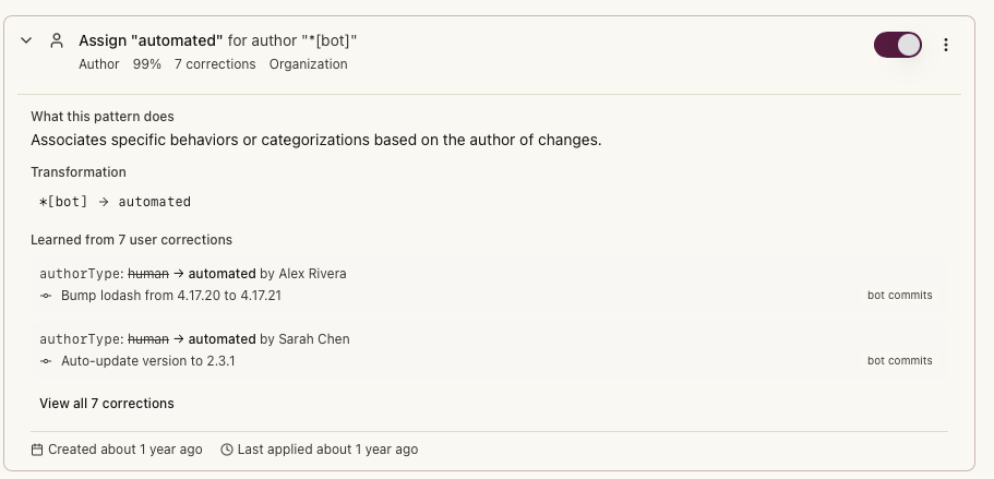 Pattern card showing a file path pattern with confidence score and toggle switch