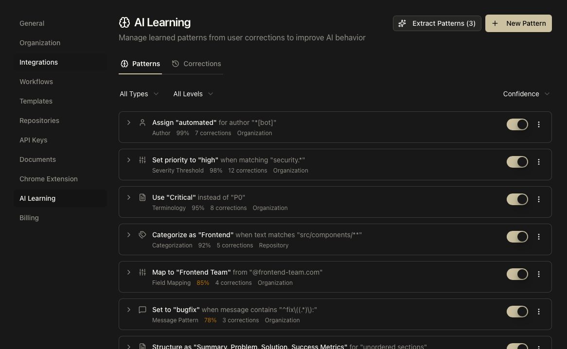 AI Learning page showing the Patterns tab with filter options