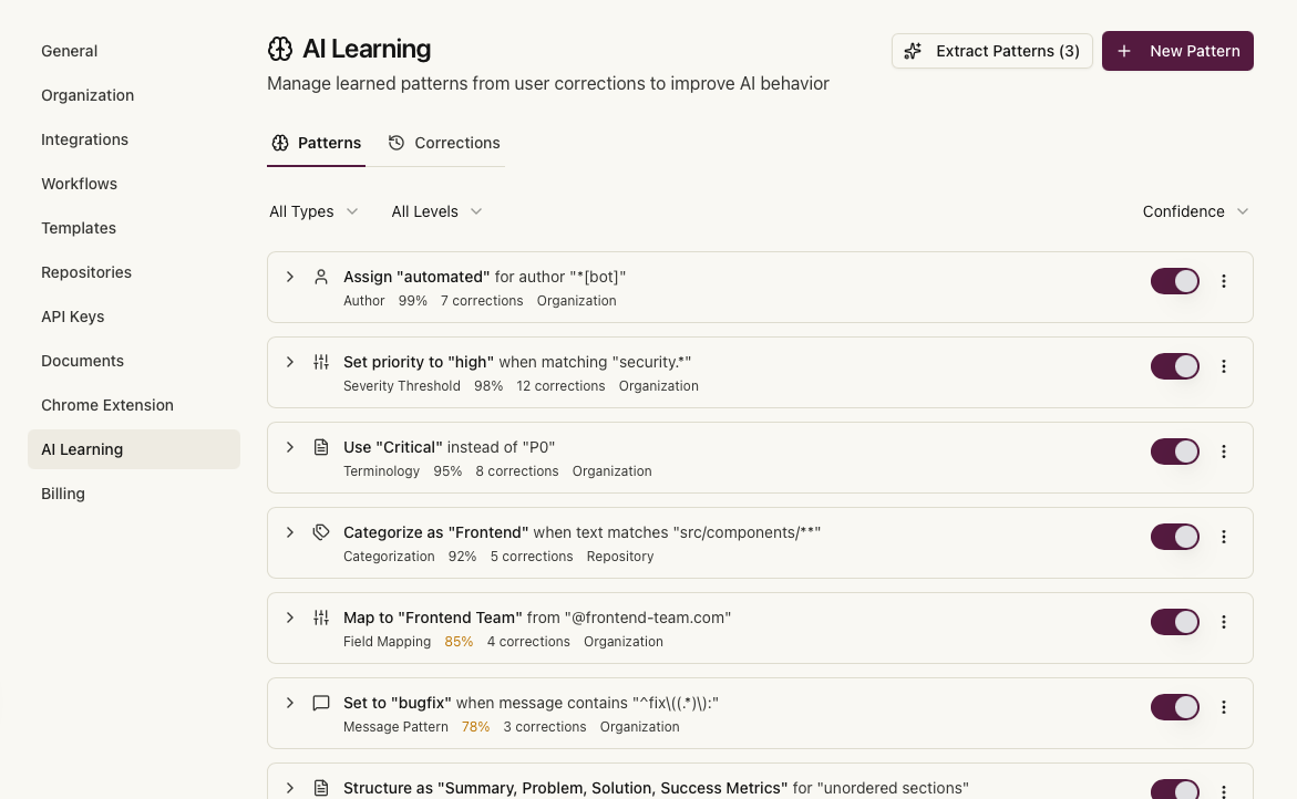 AI Learning page showing the Patterns tab with filter options