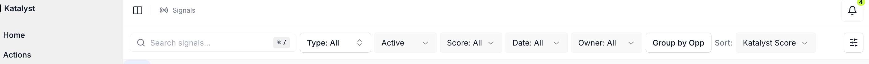 The top bar of the Signals feed showing the search input, filter row (Type, Status, Score, Date, Owner), Group by Opp toggle, and Sort control.