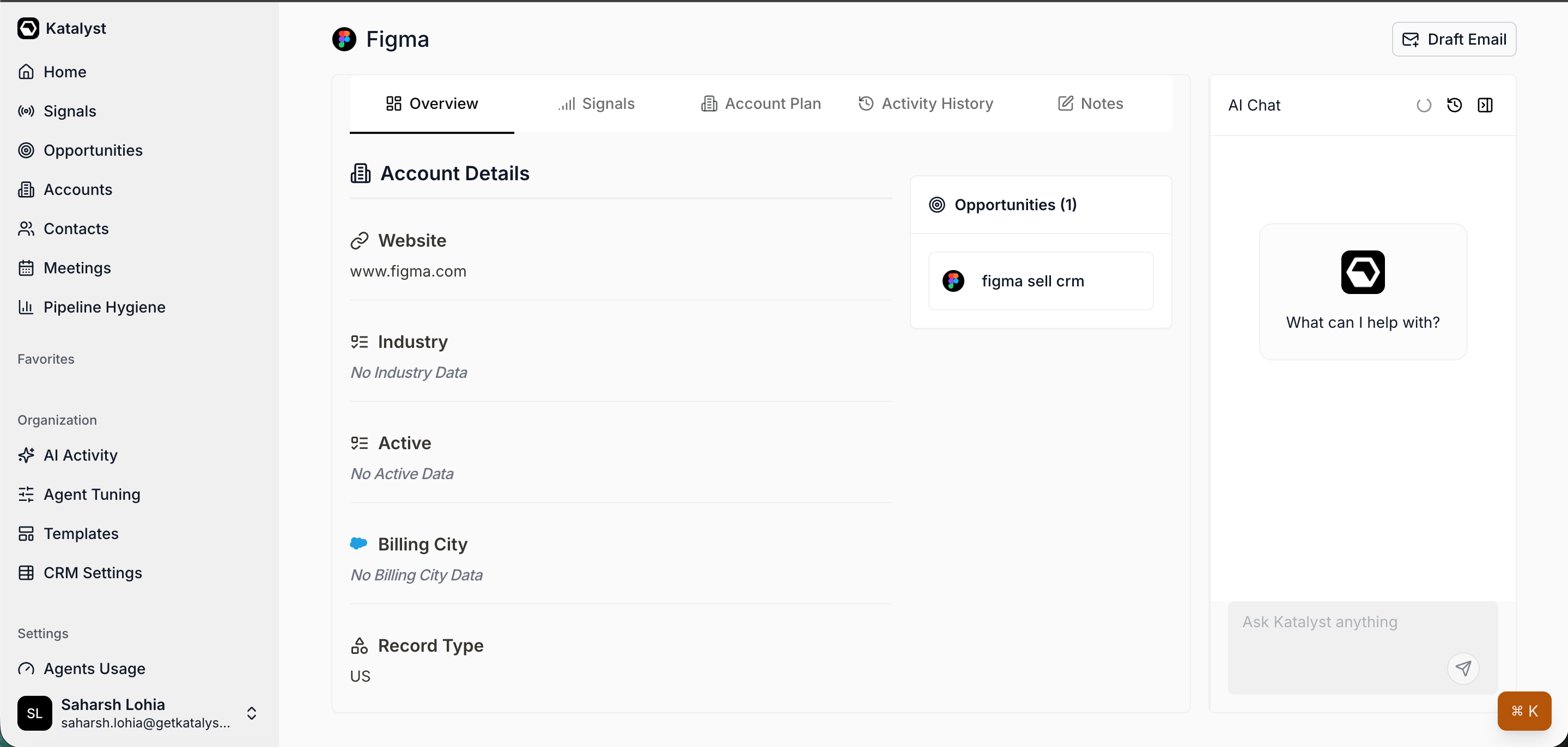 The Account Overview sub-tab in populated state, showing the CRM fields, the sticky Opportunities sidebar, and the Key People section below.