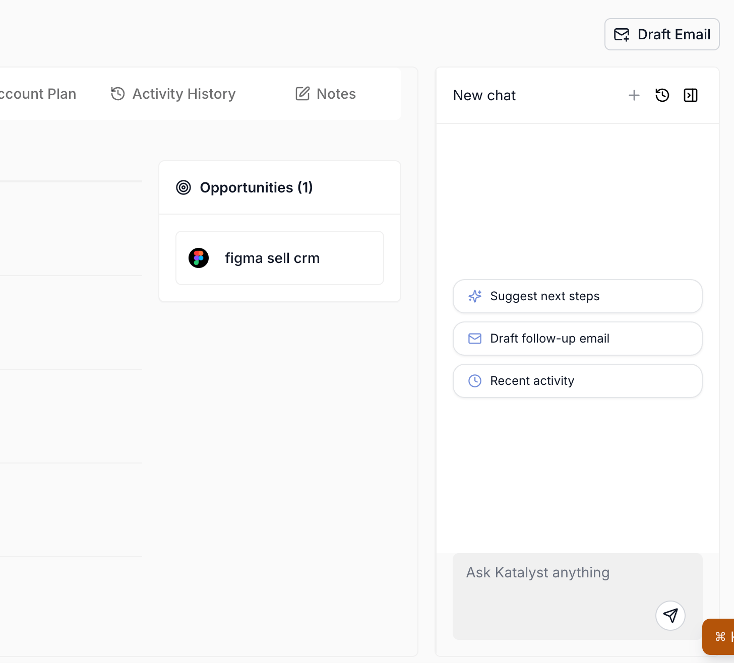 The per-account AI chat panel on the right side of the account detail view, showing a chat thread with suggested questions from the strategic challenges.