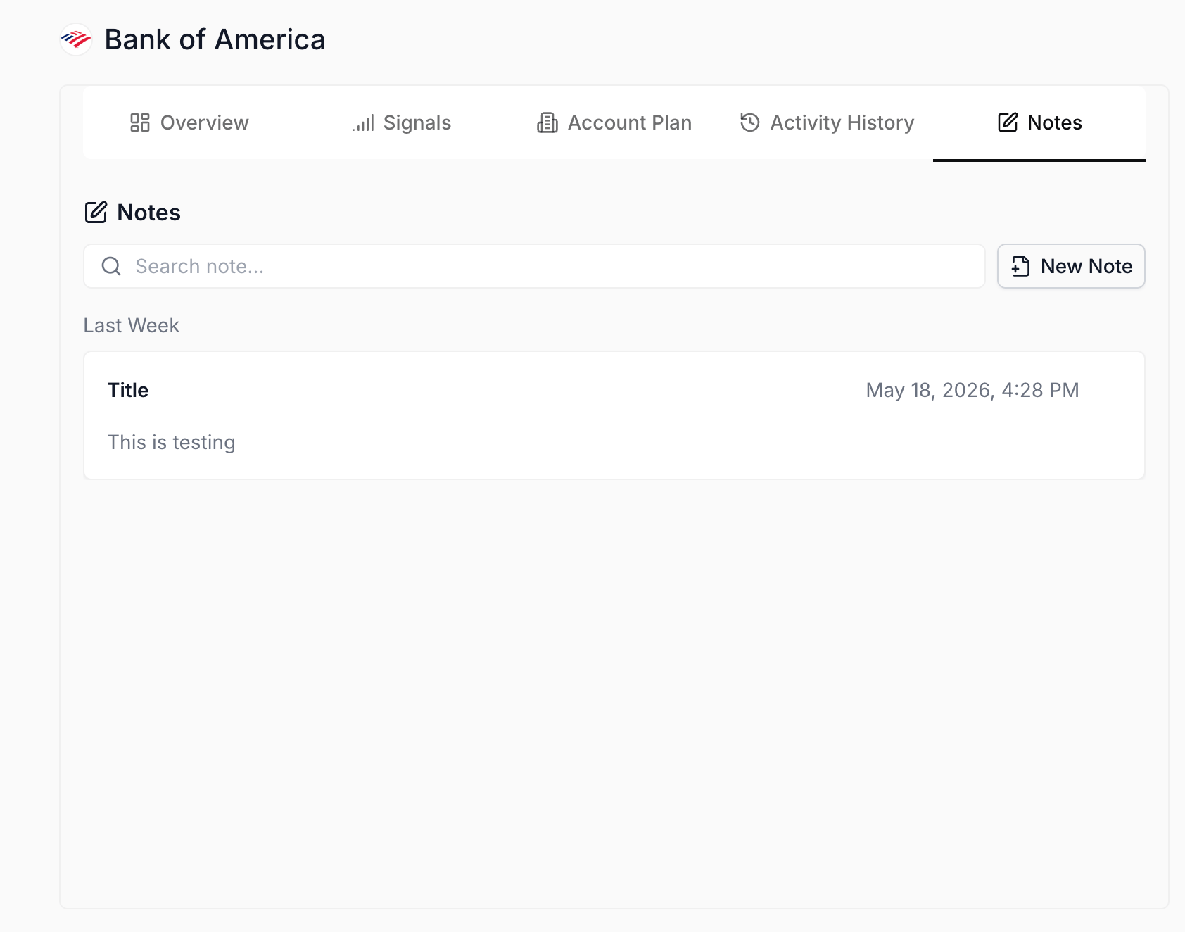 The Notes sub-tab inside the account detail view, showing the empty state alongside the note editor.