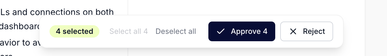 The Actions queue with eighteen rows checkbox-selected and the floating Bulk Action Bar at the bottom of the page, showing the eighteen-selected volt-tint count chip, the Select all visible and Deselect all text buttons, and the Approve 18 and Reject buttons.