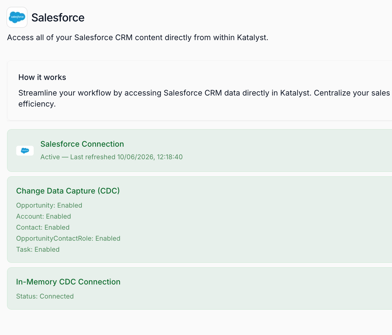 Salesforce connector page showing the three status cards: the green Connection card with the OAuth token health, the CDC entity grid listing Opportunity, Account, Contact, Opportunity Contact Role, and Task with per-row Enabled or Disabled state, and the In-Memory CDC streaming card.