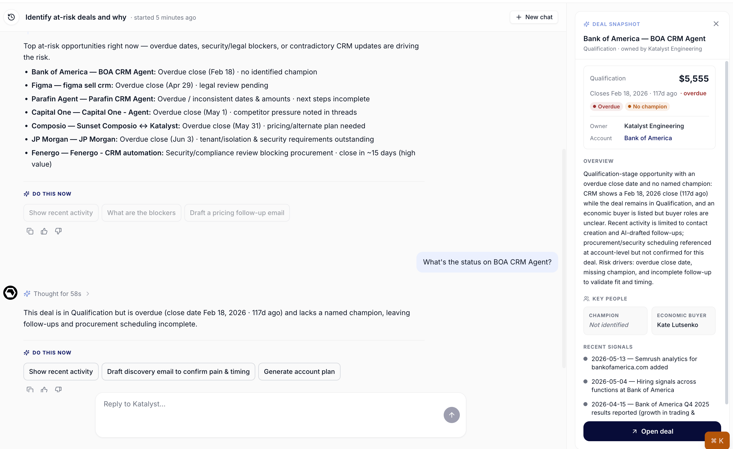 Home chat with an active conversation showing the catch-me-up prompt and the AI's response summarizing deal stage moves, signal fires, and meetings that ran while the rep was out.