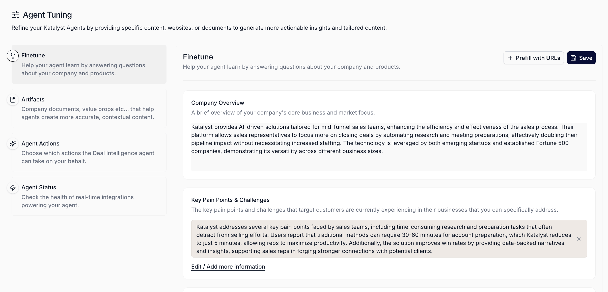 The Agent Setup tab landing on the Finetune sub-tab, showing the four bordered section cards (Company Overview, Key Pain Points and Challenges, Competitor Analysis, Ideal Customer Profile) with their textareas and chip and competitor inputs, plus the Prefill with URLs and Save buttons in the header.