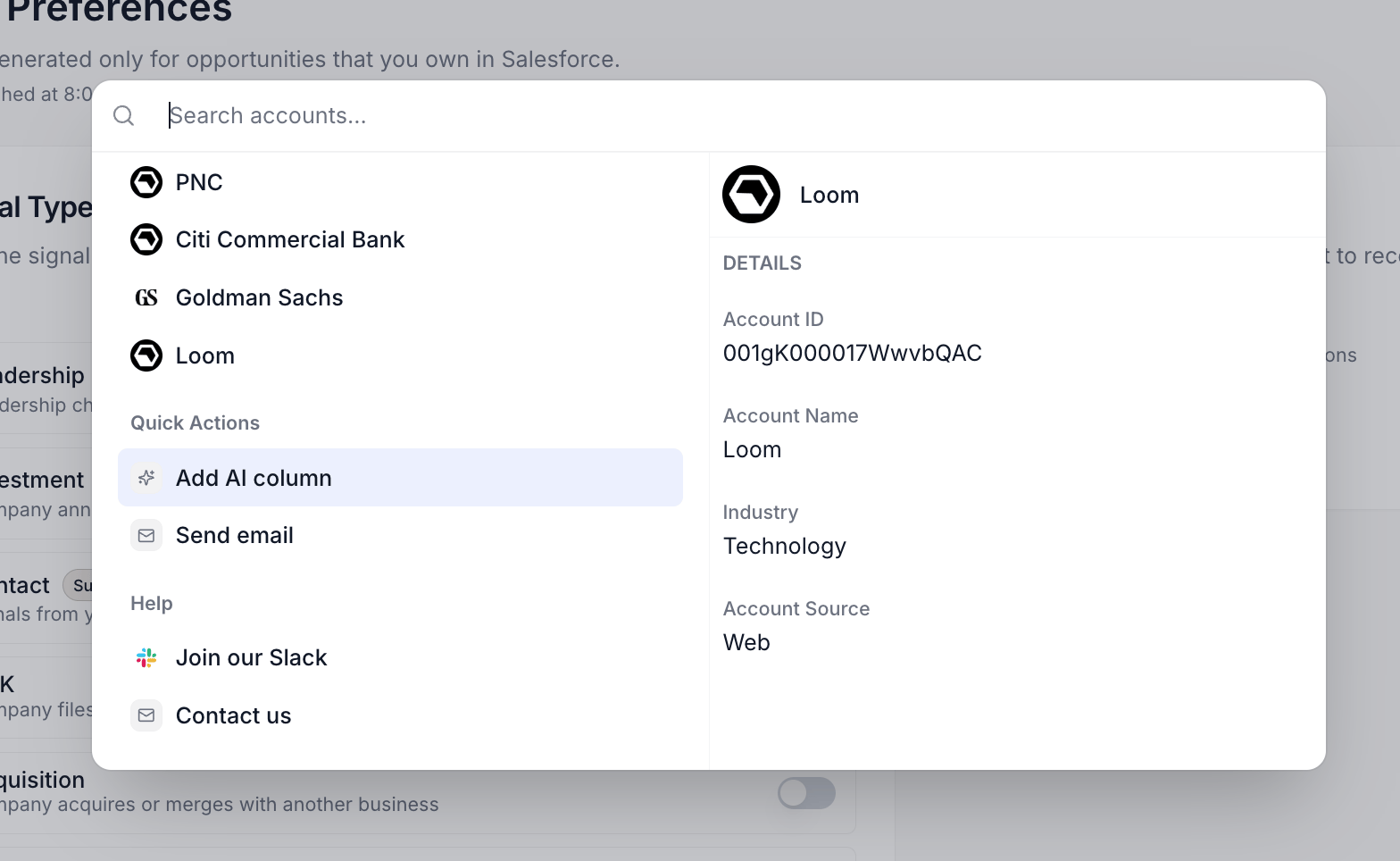 The Cmd+K palette open over the Opportunities table, with the search input at the top, the Suggestions section listing five favorite accounts with logos and domains, the Quick Actions section with Add AI column and Send email rows, and the Help section with Join our Slack and Contact us rows.