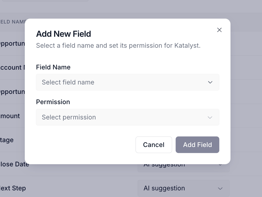 The CRM Settings Add Field dialog open over the Opportunities Mapping card, with the live Salesforce field picker showing standard fields, custom fields with API names, and the SF read-only tag chip on formula and audit fields, plus the Permission dropdown with Manual update only, AI suggestion, and Read only options.