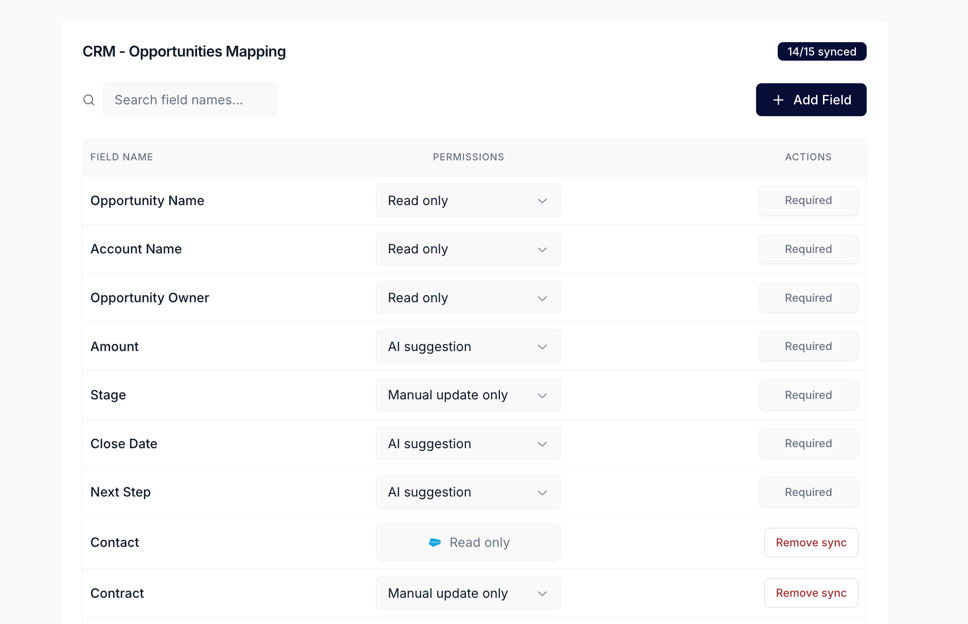 The CRM Settings page showing the CRM - Opportunities Mapping card with the synced count of 12 of 15 badge, the search and Add Field toolbar, and the field table with permission dropdowns, Required chips on locked rows, the SfReadOnlyChip on formula fields, and the RecordTypeId row with the Edit Record Types button.