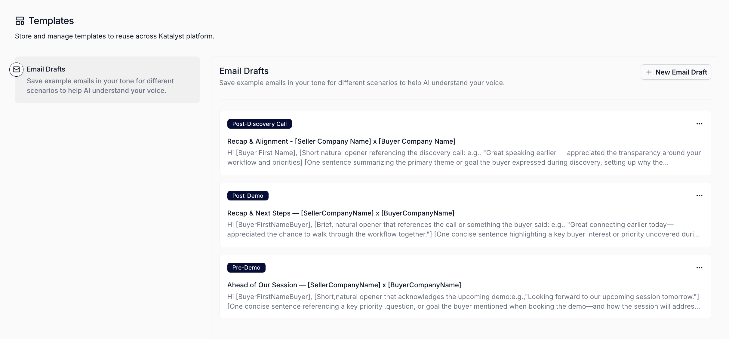 The Email Templates page under Organization showing the header with the New Email Draft button, a column of saved template cards each with a secondary scenario Badge, bold subject line, and two-line clamped body preview, and the New Email Draft dialog open with the Scenario, Subject Line, and Email Body fields.