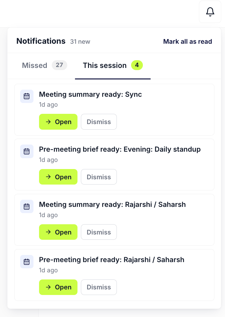 The notification bell popover open from the top-right of the page header, with the Missed tab active, showing the Signals card with a true-total count chip, the Actions card with five pending rows including an expanded field-update suggestion in review mode, the Accounts card with two enrichment rows, and the Mark all as read affordance in the header.