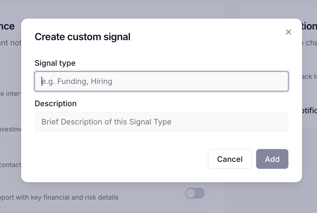 The Signal Types & Relevance card with one custom signal row tinted ghost-blue, pencil and trash icons to the left of the Switch, and the N of 6 enabled chip visible in the card header.