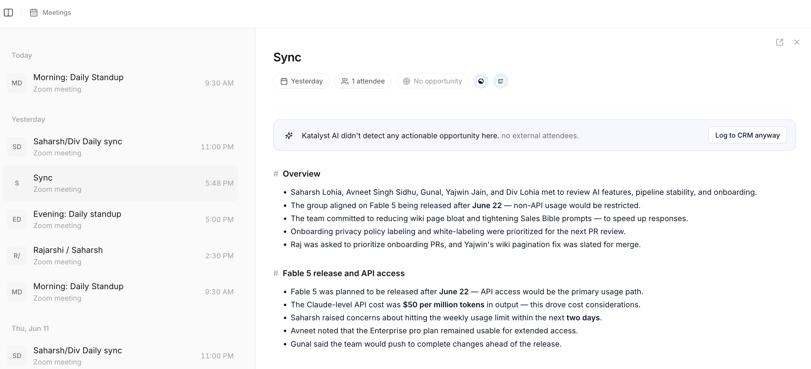The Meeting detail workspace showing the header pills row, the Katalyst Actions block with three pending recommendations, the sectioned AI summary below, and the right-pane meeting-scoped chat.