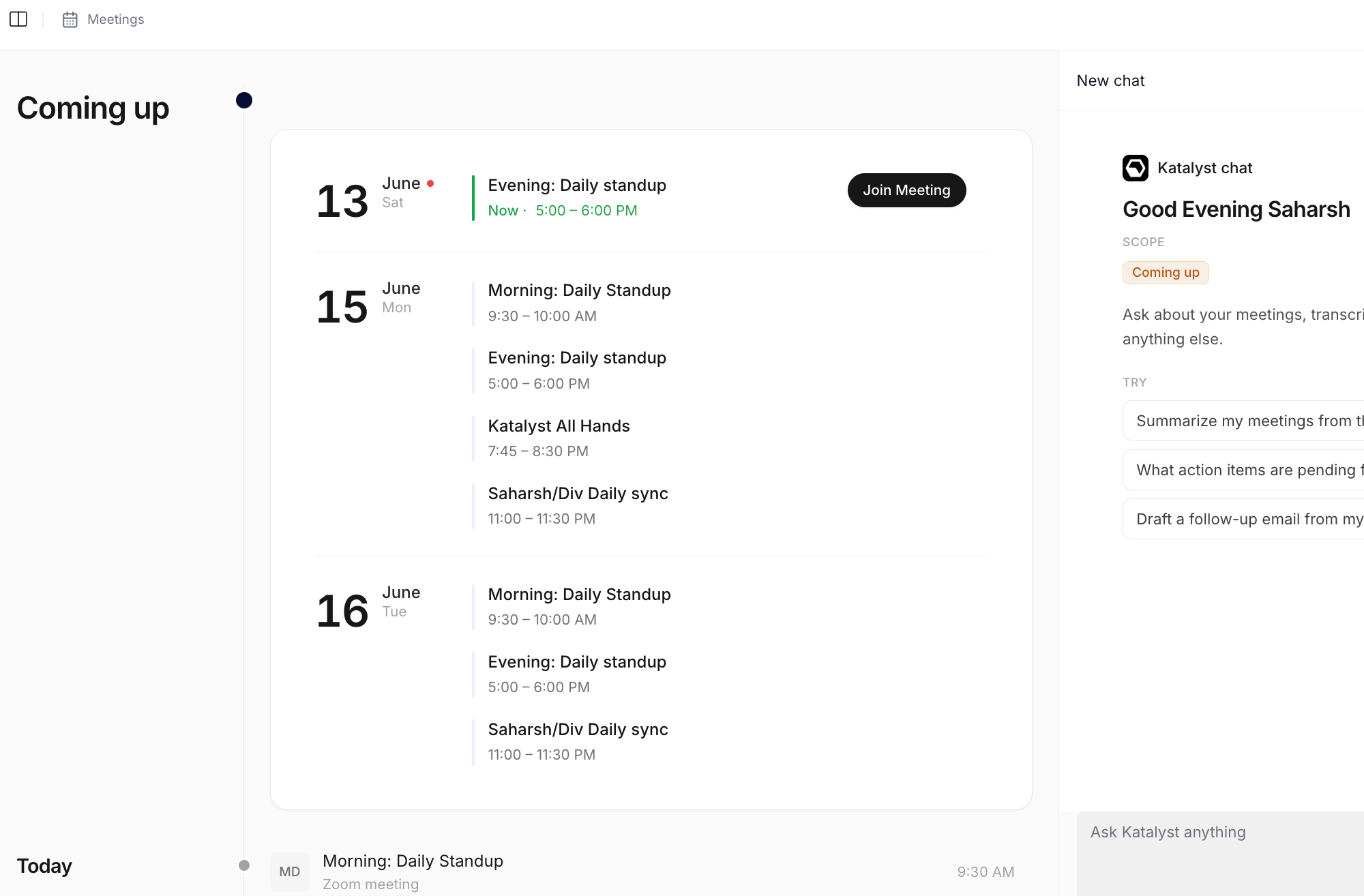 The Meetings tab showing the day-grouped Coming Up timeline, the Past meetings list below it, an opened meeting detail panel in the center, and the meeting-scoped chat on the right.