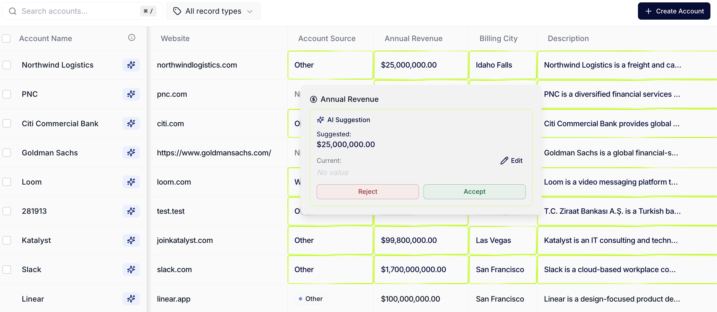 The Opportunities table with several rows showing volt-lime-outlined cells, a per-cell accept and reject chip, and the bulk action bar floating above the table with Select all suggested checked.