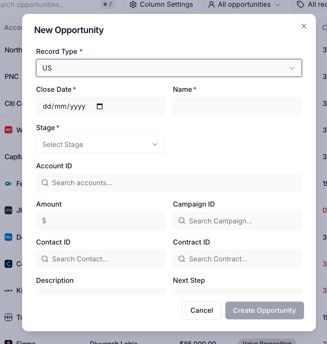 The Create New Opportunity modal open over the pipeline view, showing the record-type picker, opportunity name, account lookup, amount, and close-date fields.