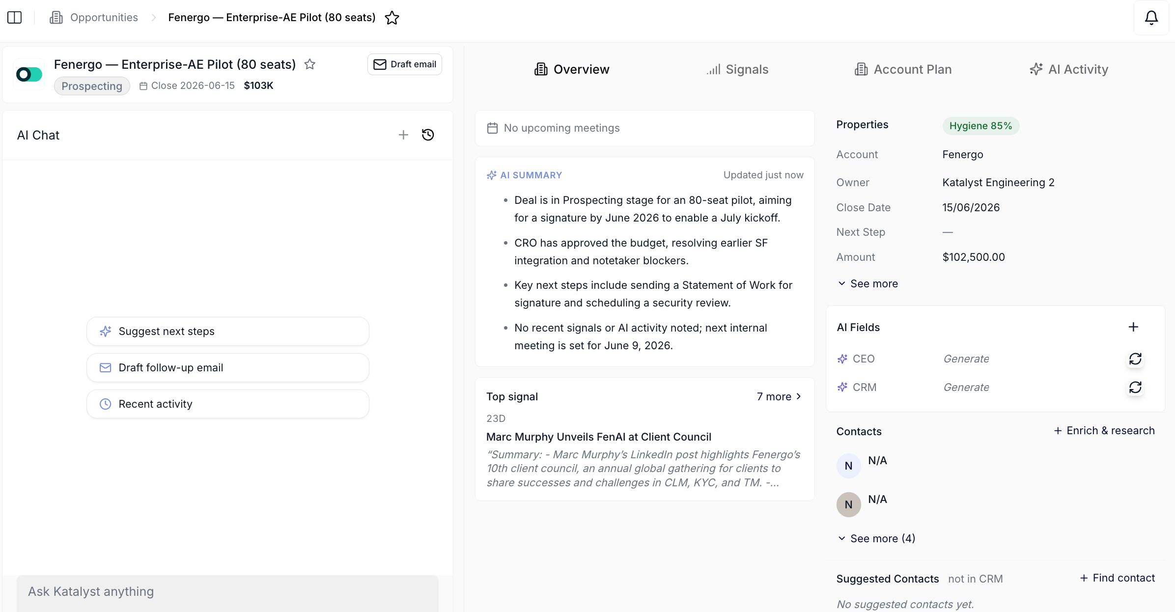 The Opportunity detail Overview surface showing the left chat canvas and action stack, center AI overview and activity log, and right properties, contacts, hygiene badge, and AI columns panels.