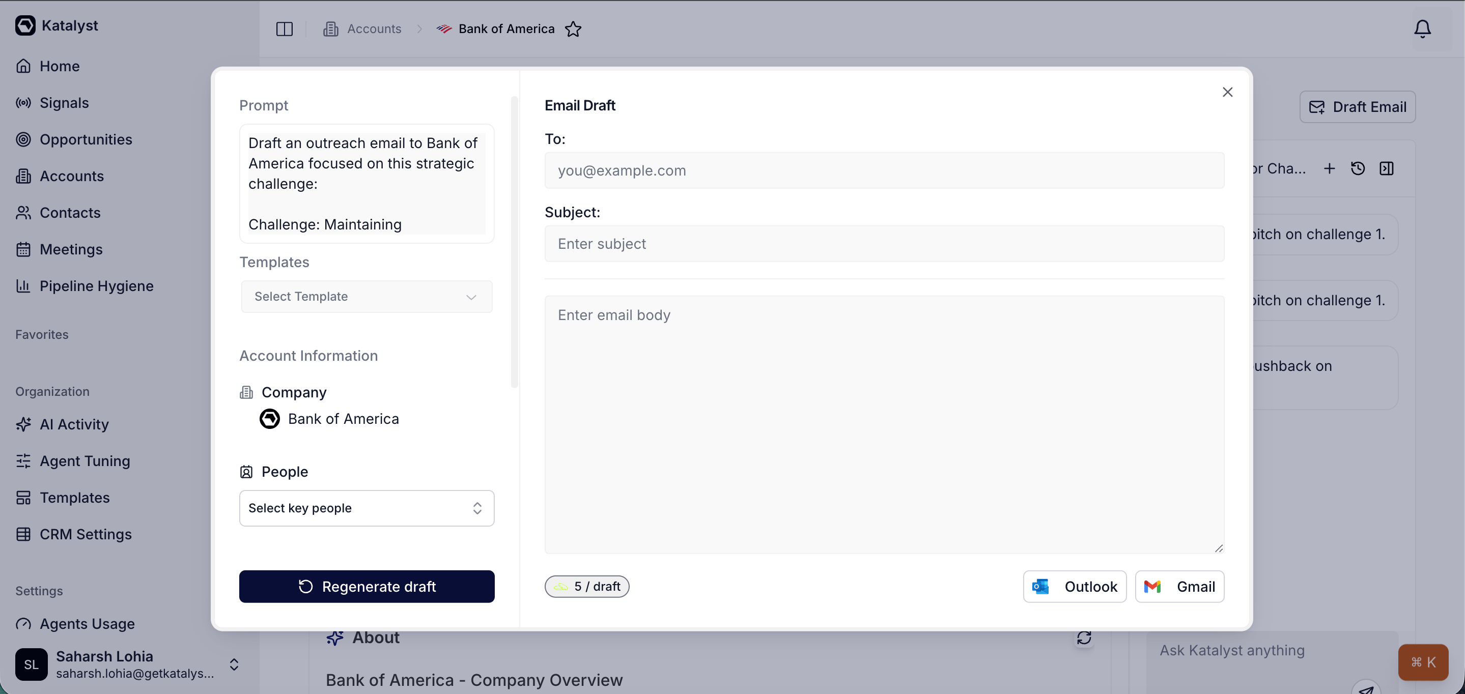 The Draft Email modal open, with a pre-filled prompt, template selector, and an editable email draft on the right side.
