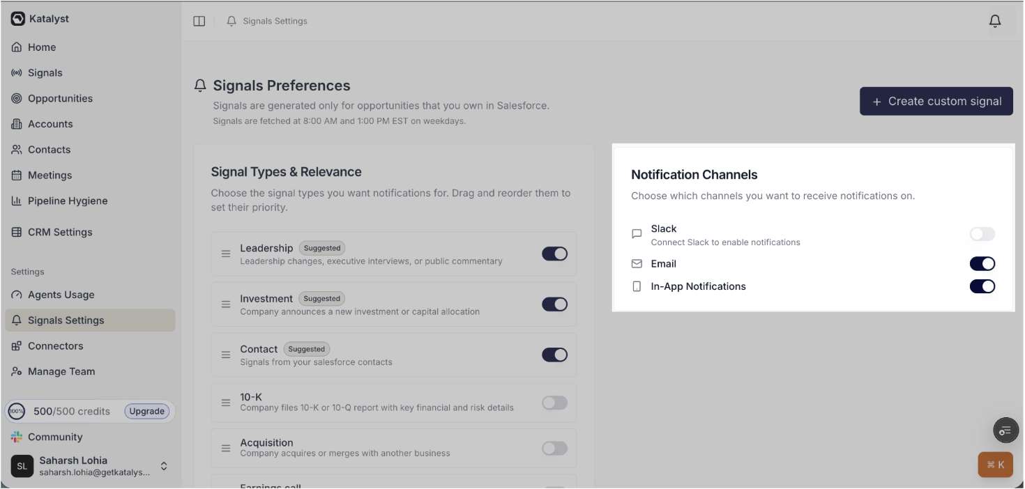 Notification Channels panel inside Signals Settings, showing toggles for Slack, Email, and In-App Notifications.
