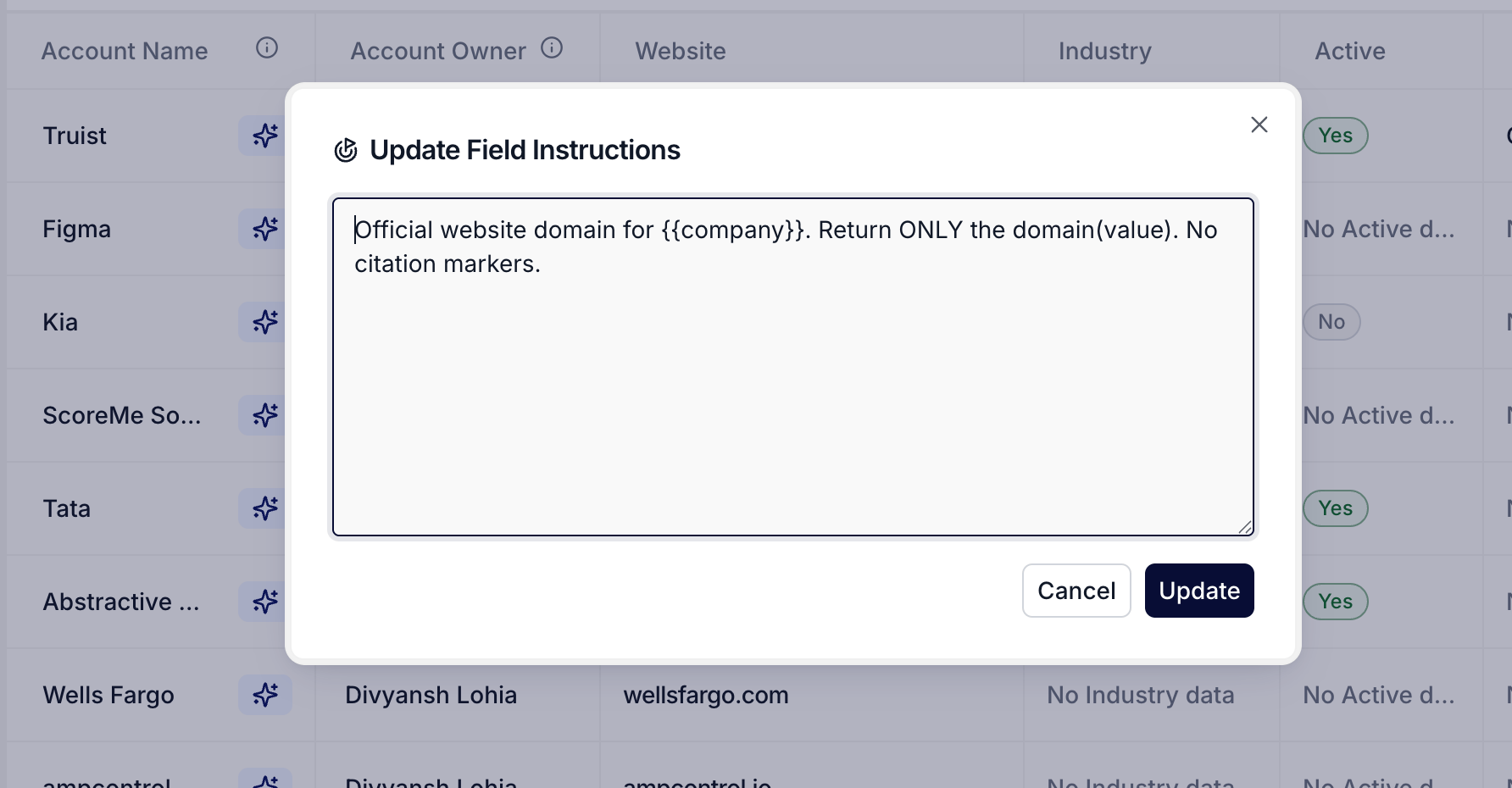 The Update Field Instructions modal open over the Accounts table, showing the per-column AI prompt editor with a Website example.