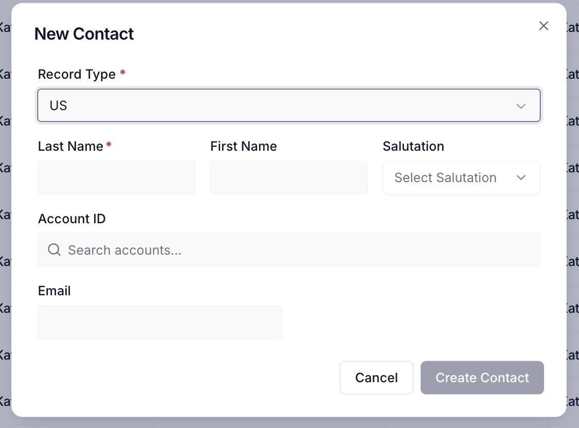 The Create Contact modal open over the Contacts table, showing the Salesforce-faithful field set including name, account lookup, title, email, and phone.