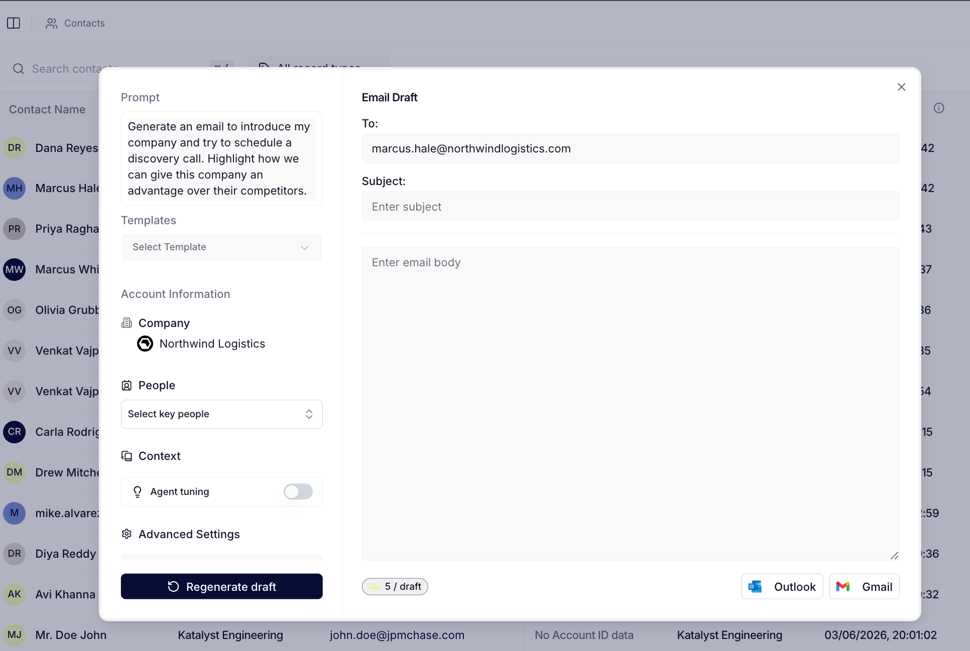 The top bar of the Contacts table showing the search input, Record Type filter, and Create Contact button, with one contact row's Email cell open into the Draft Email modal.