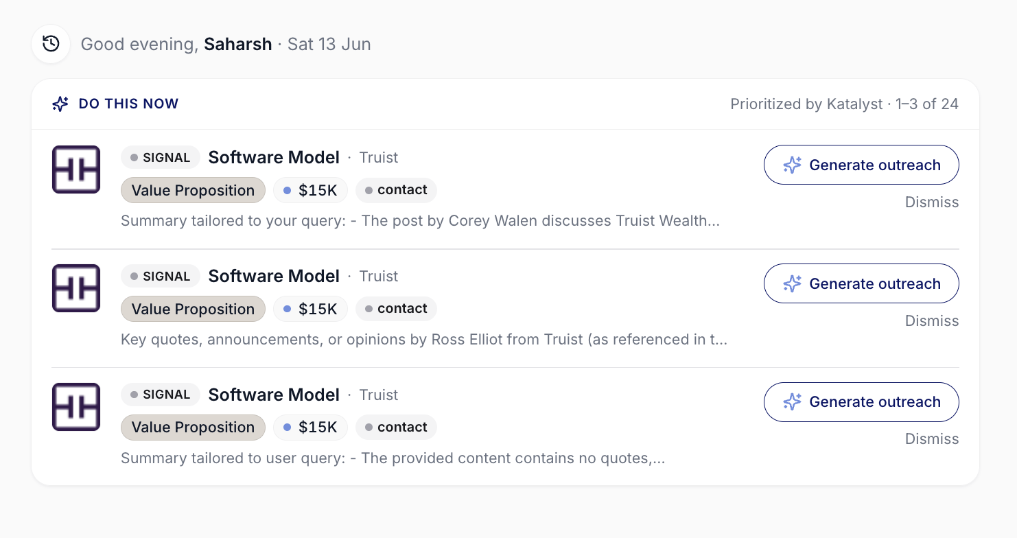 The Do This Now card on Home showing three prioritized rows with company favicons, signal or hygiene chips, short descriptions, and per-row CTA buttons like Draft follow-up and Suggest Next Steps.