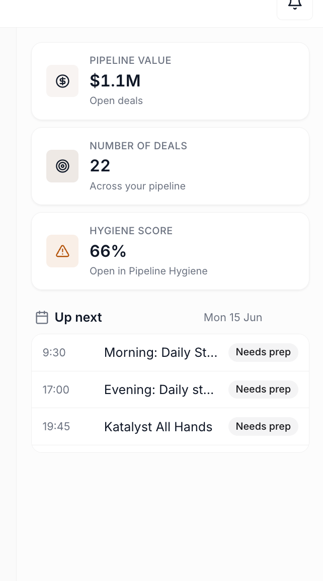 The Home tab in empty state showing the greeting line, suggested prompt chips, Do This Now card, and the right-rail stack of pipeline stats and upcoming meetings cards.