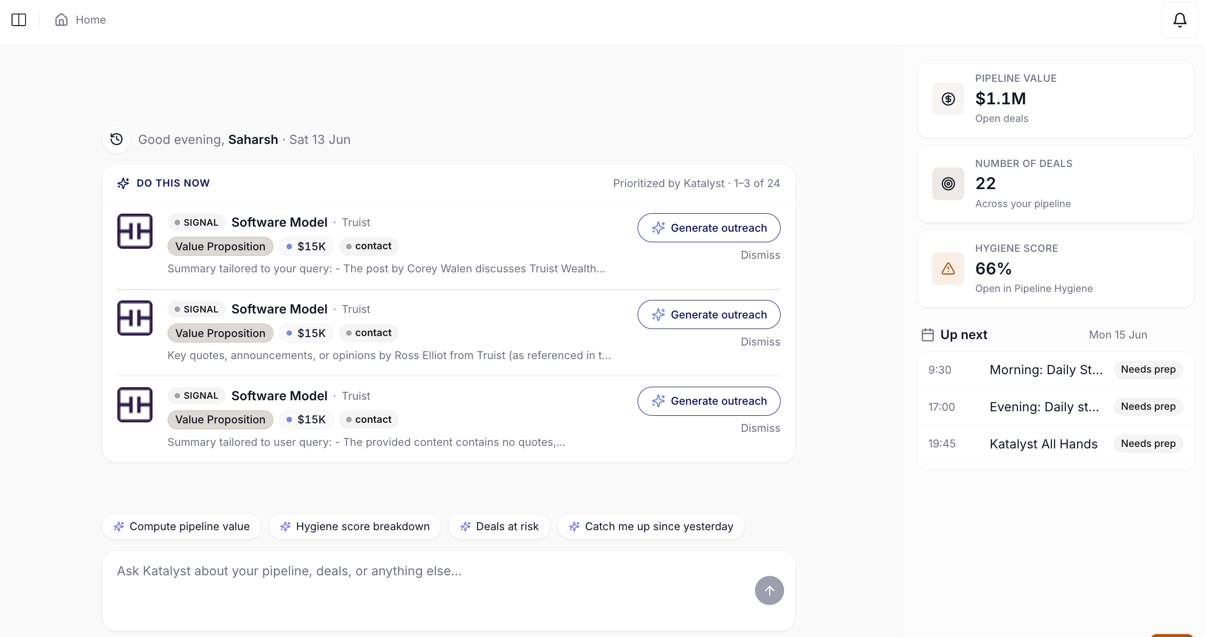 The Home tab in empty state showing the time-of-day greeting, Do This Now card, four suggested prompt chips, the centered composer, and the right-rail stack of pipeline stats and upcoming meetings.
