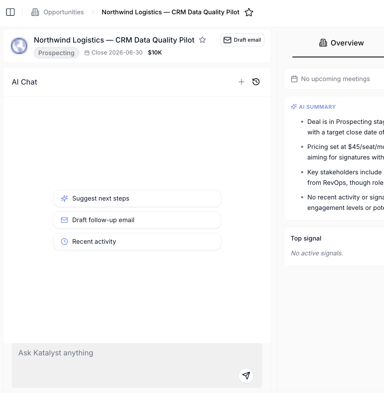 A composite view showing the per-account chat panel on the right of an Account detail page, the opportunity chat canvas in the left column of an Opportunity detail page, the contact chat canvas on a Contact detail page, and the meeting-scoped chat in the right pane of a Meeting detail page.