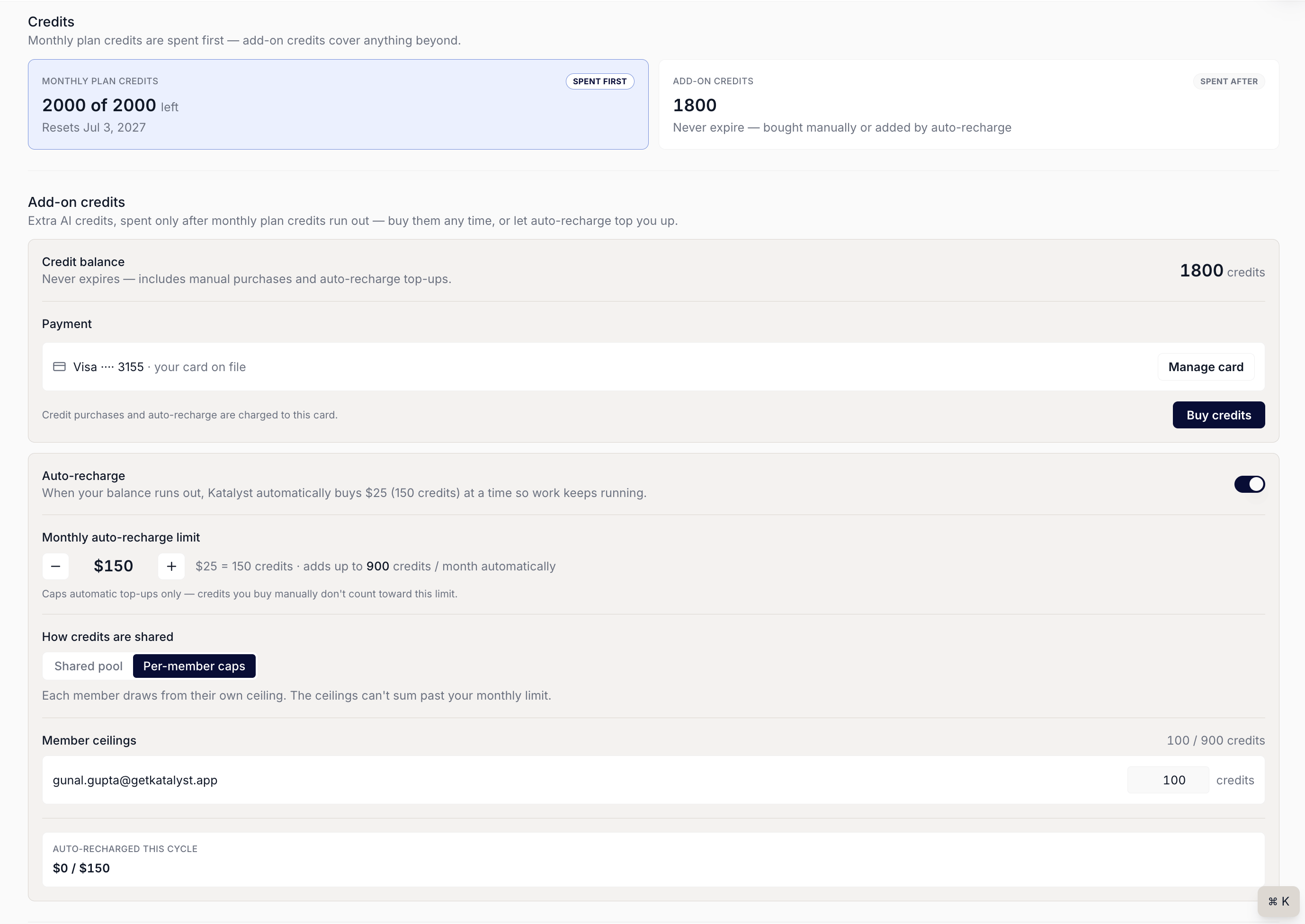 The credits section of the Billing page, showing monthly plan credits spent first beside never-expiring add-on credits, a saved card on file with Manage card and Buy credits buttons, and an auto-recharge panel with a monthly spending limit, a shared-pool or per-member-caps choice, and per-member ceilings.