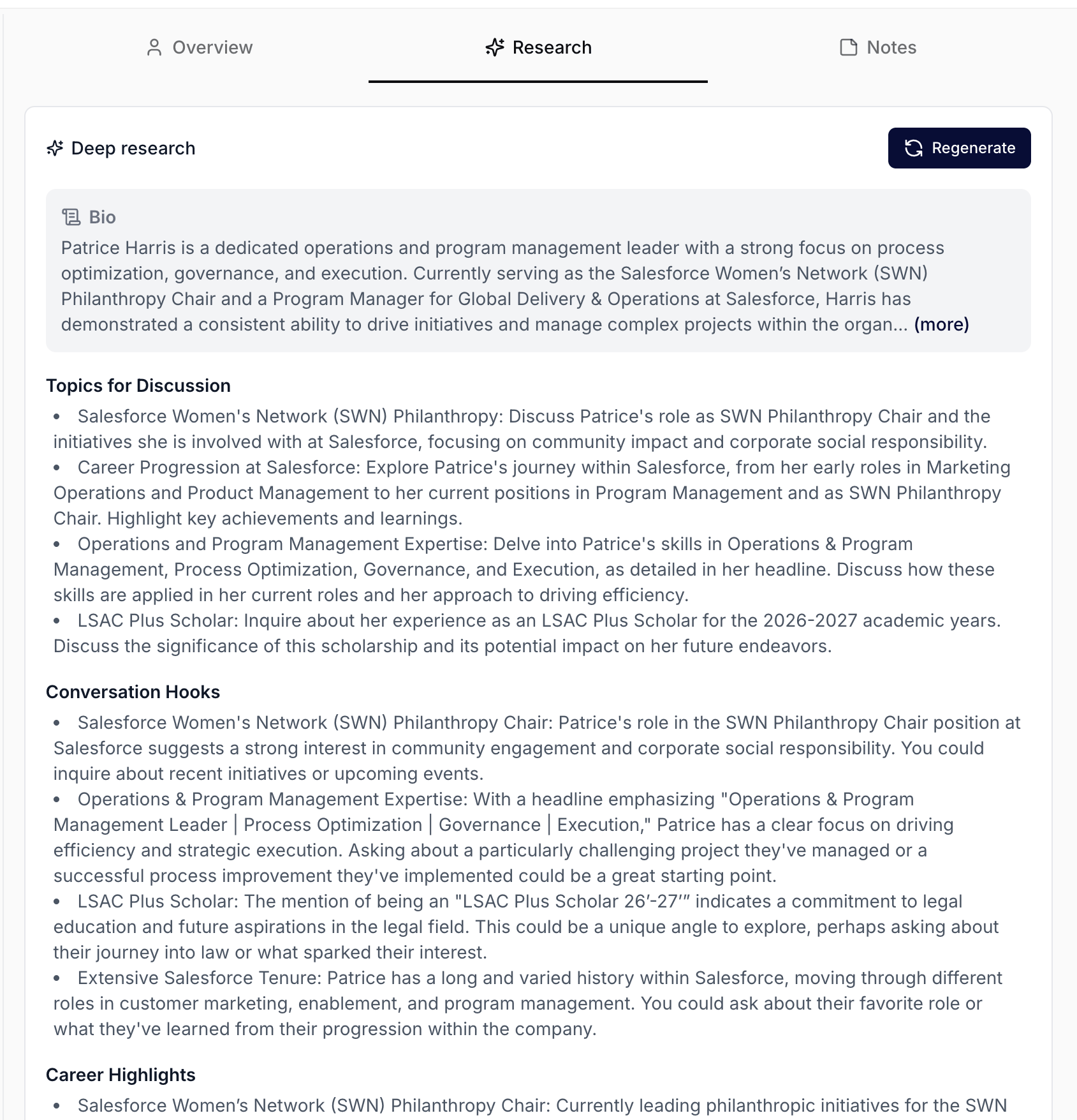 The Research sub-tab on a contact's detail page, headed Deep research with a Regenerate button, showing an AI-written bio followed by Topics for Discussion, Conversation Hooks, and Career Highlights sections.