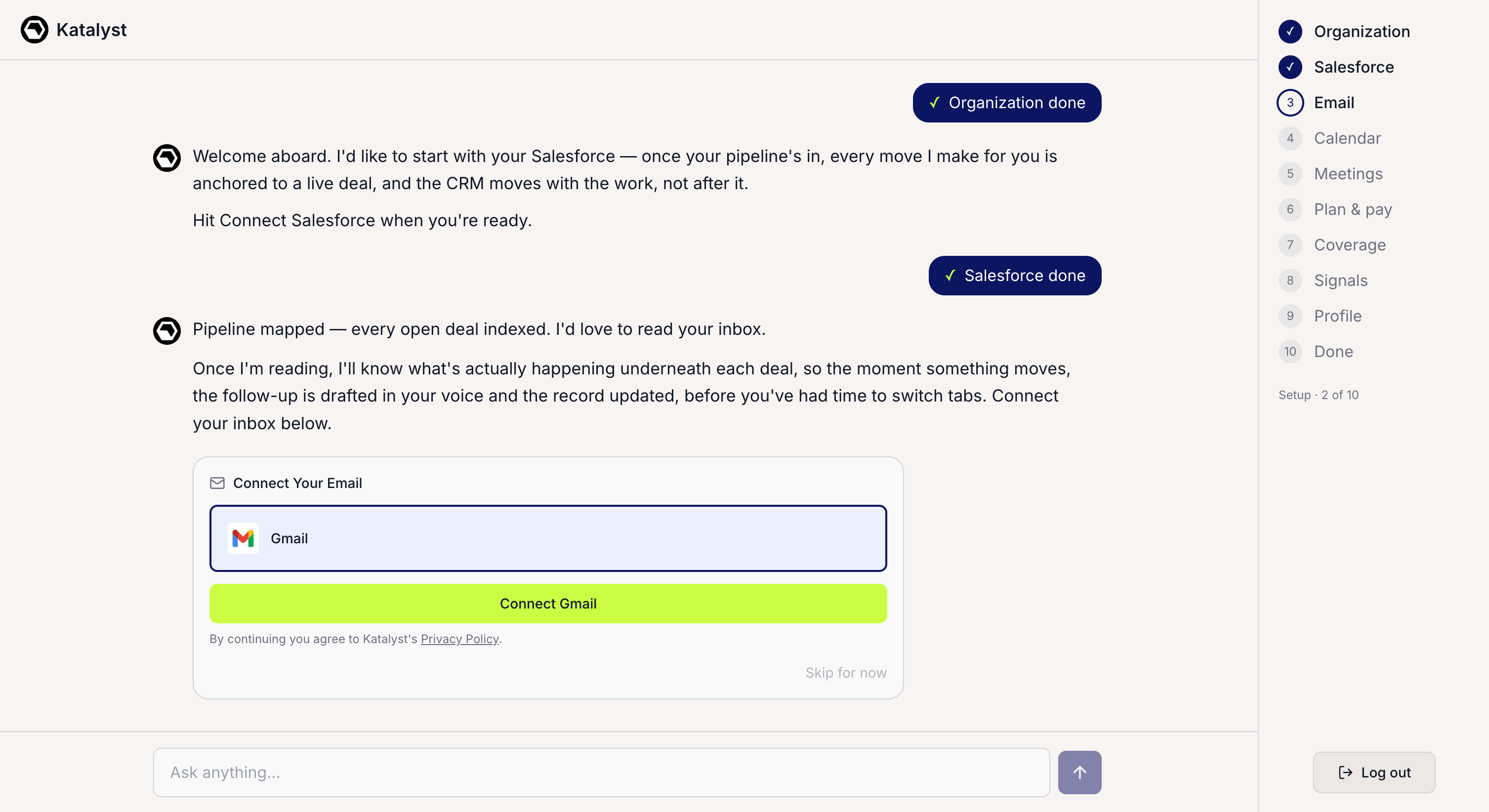 The onboarding screen showing a conversation with Kai on the left, connecting Salesforce and then email, with an Ask anything composer at the foot, and a progress rail on the right marking Organization and Salesforce as done, Email as the active step, and Calendar, Meetings, Plan and pay, Coverage, Signals, Profile and Done still ahead, above a Setup 2 of 10 counter.
