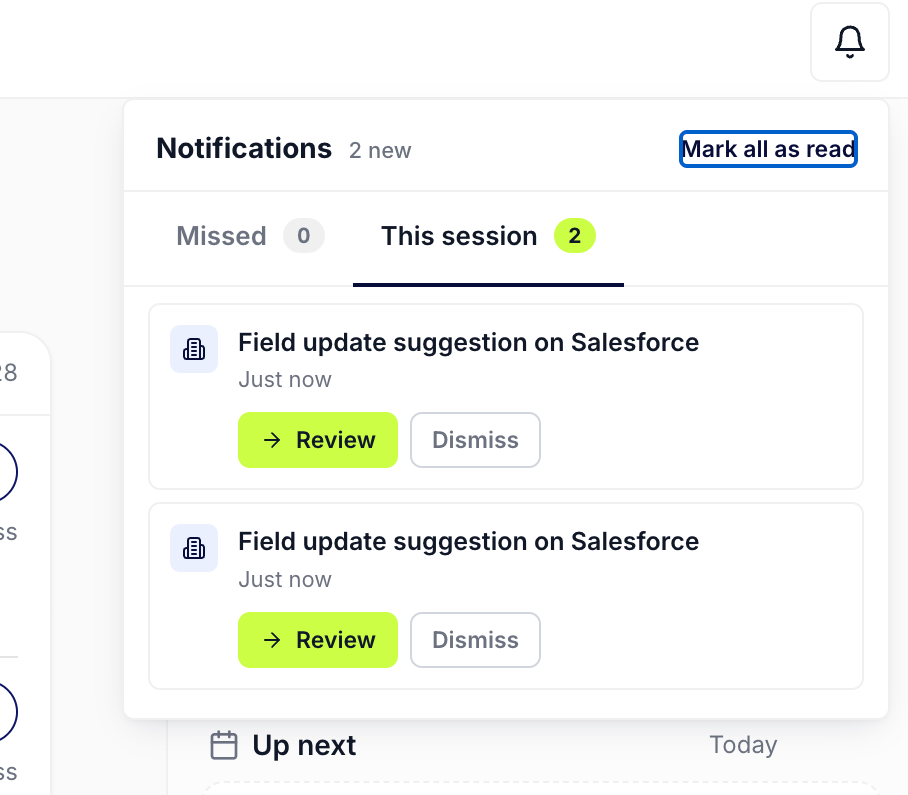 The notification bell popover open, headed Notifications with a count of new items and a Mark all as read control, split into Missed and This session tabs, listing field update suggestions that each still carry their own Review and Dismiss buttons.