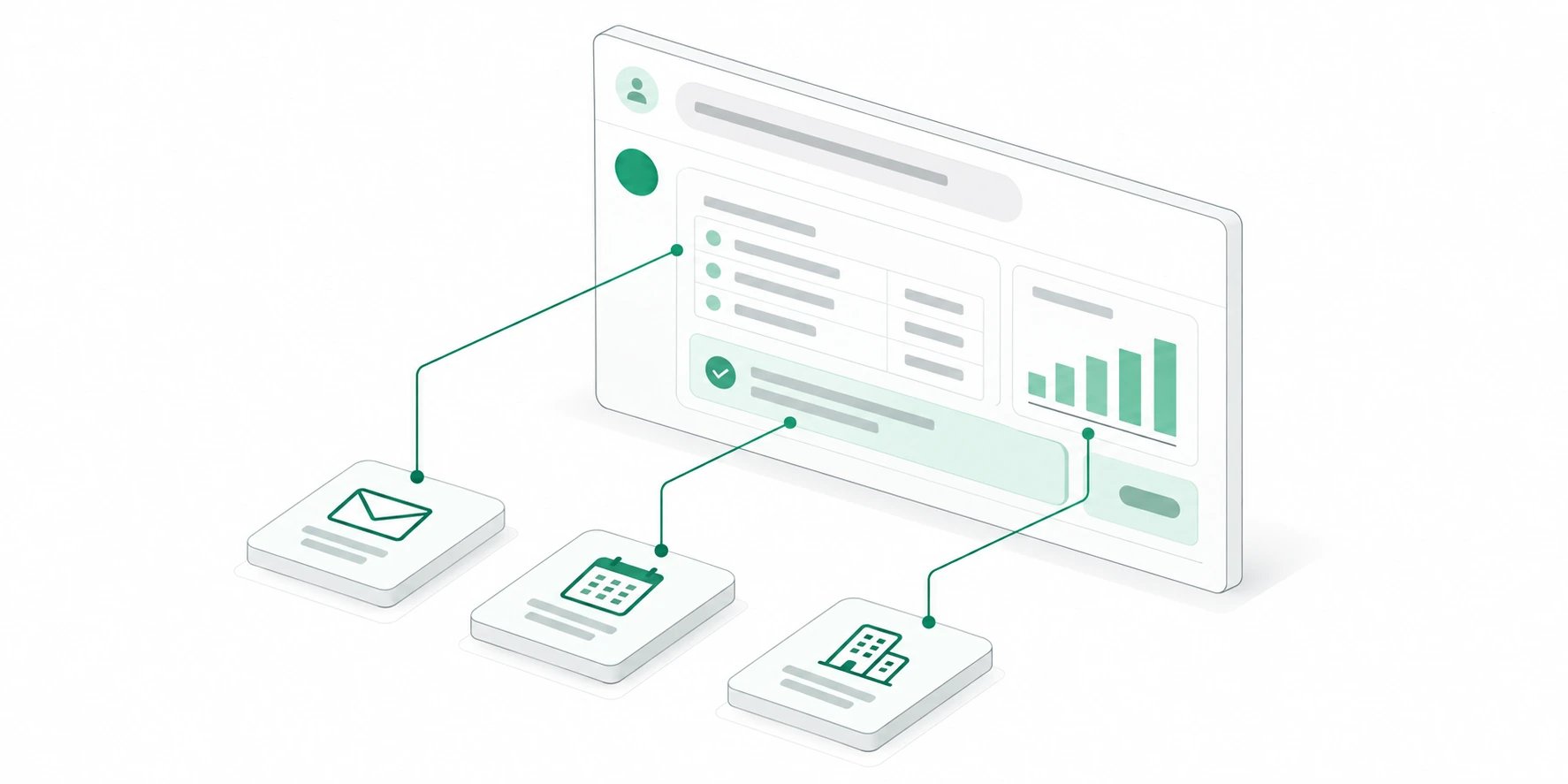 An isometric structured answer panel connected to email, calendar, and company-record sources.