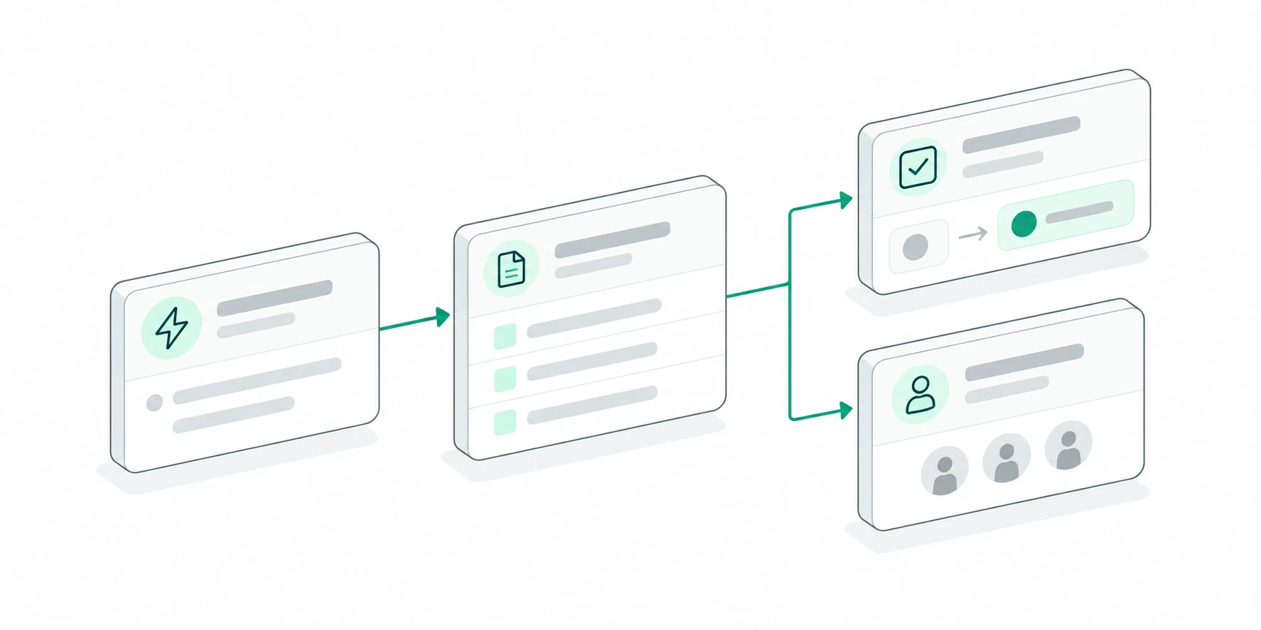 Four isometric workflow cards connecting a trigger, record update, task status, and assignment.