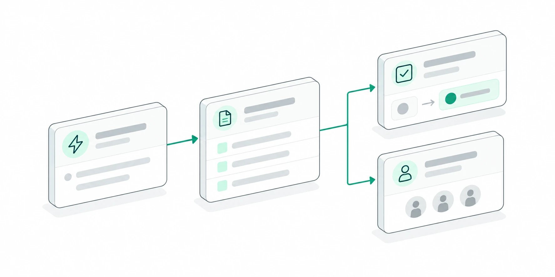 Four isometric workflow cards connecting a trigger, record update, task status, and assignment.
