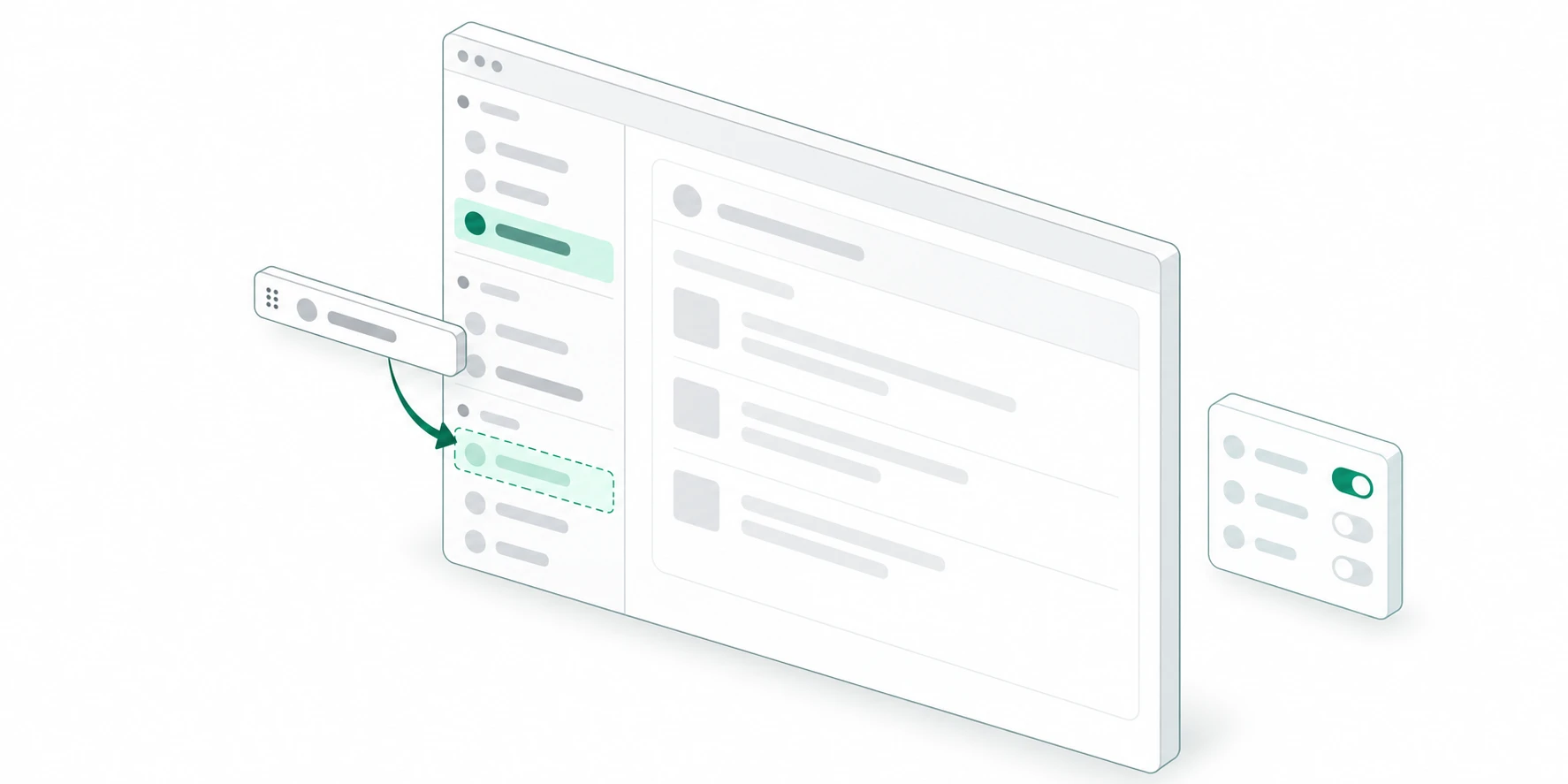 An isometric workspace sidebar with a navigation row being moved into a new position.