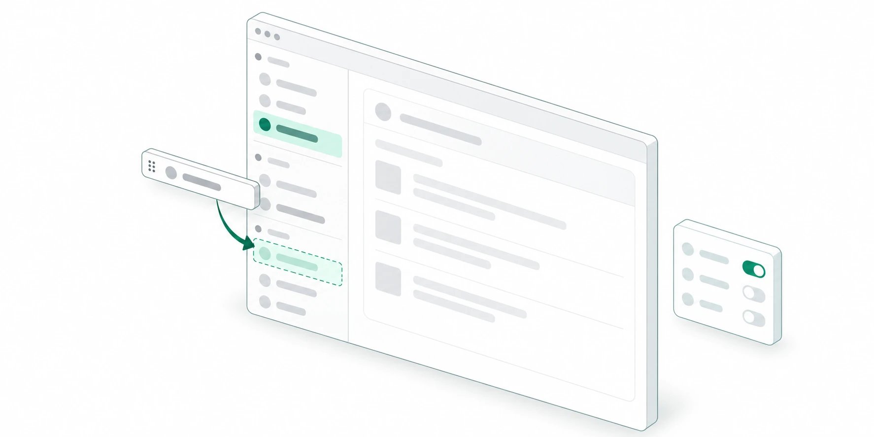 An isometric workspace sidebar with a navigation row being moved into a new position.