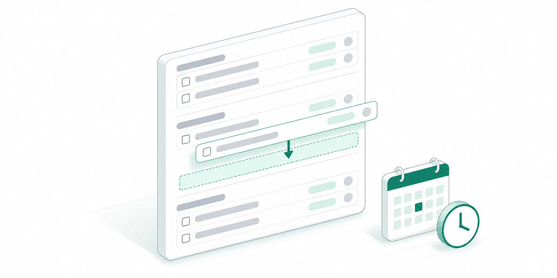 An isometric grouped task list with a new row moving into place beside calendar and estimate symbols.