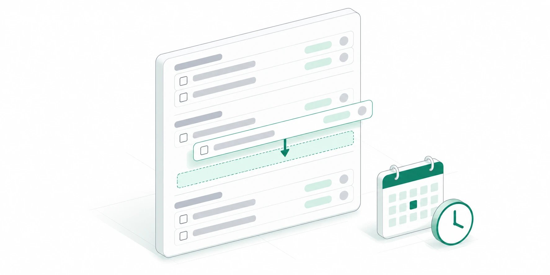 An isometric grouped task list with a new row moving into place beside calendar and estimate symbols.