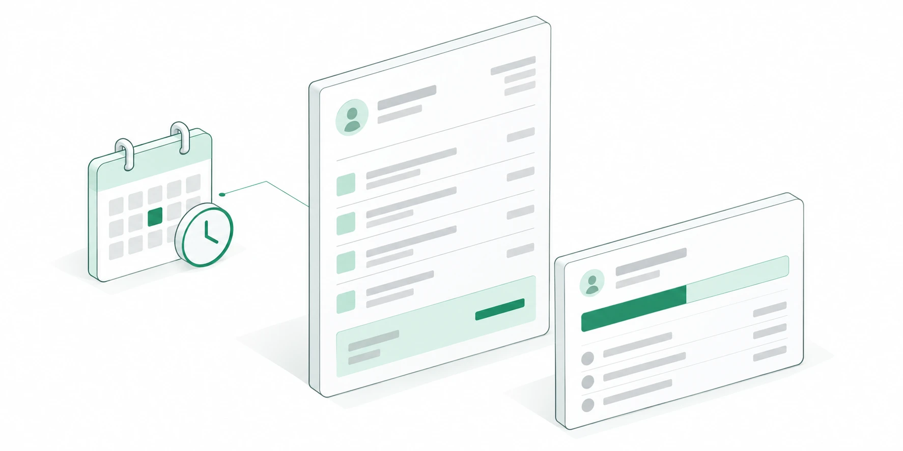 An isometric invoice beside a scheduled-delivery tile and a retainer-usage meter.