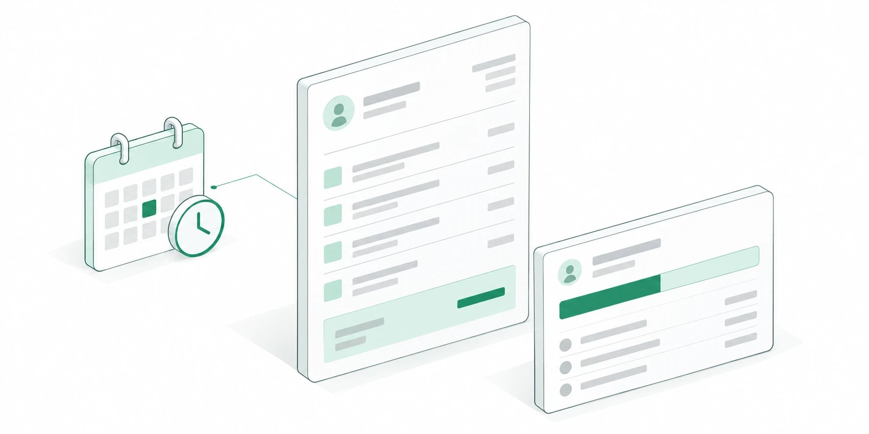 An isometric invoice beside a scheduled-delivery tile and a retainer-usage meter.