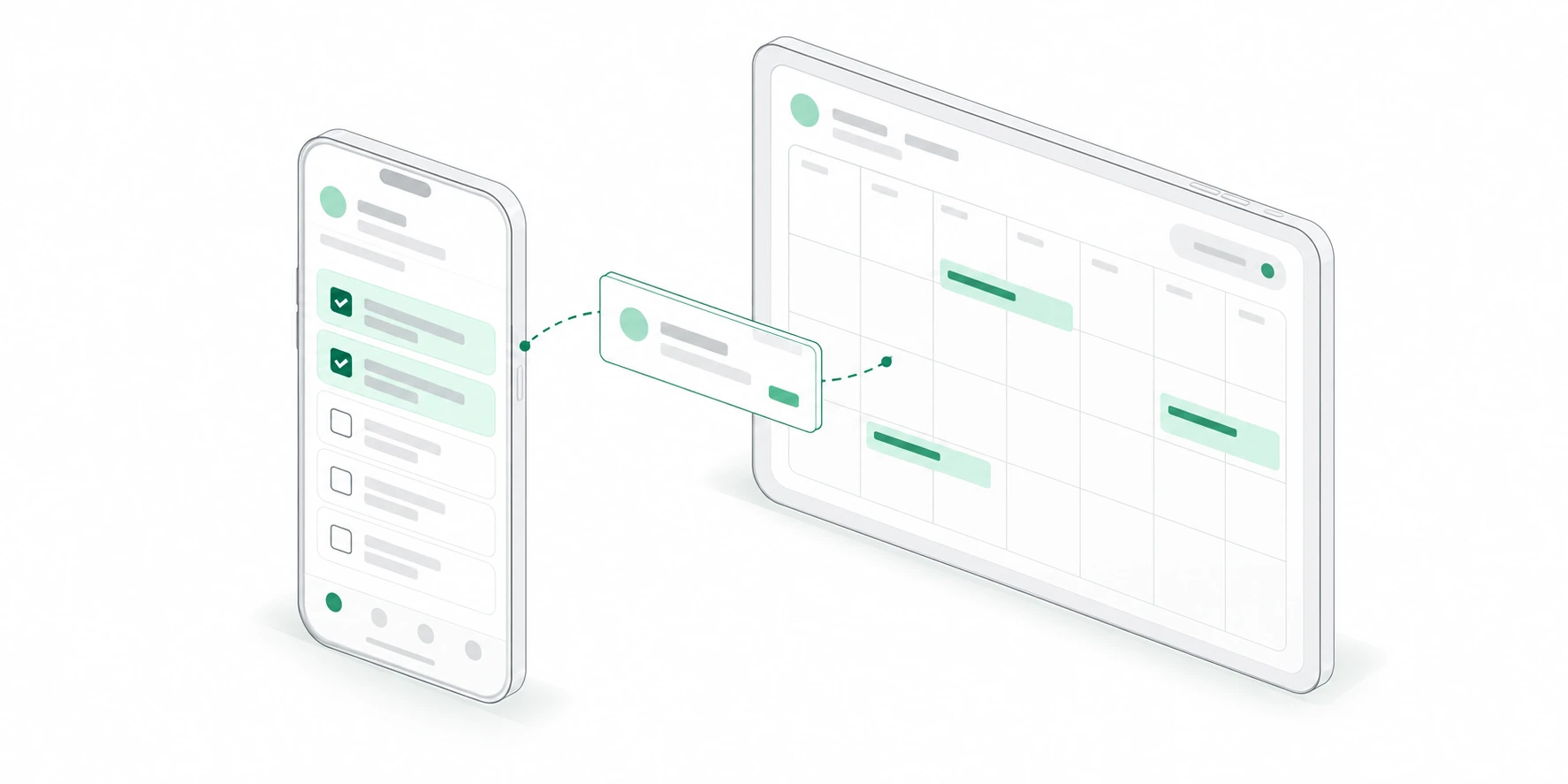 An isometric phone and tablet displaying tasks and a calendar, connected by a small project card.
